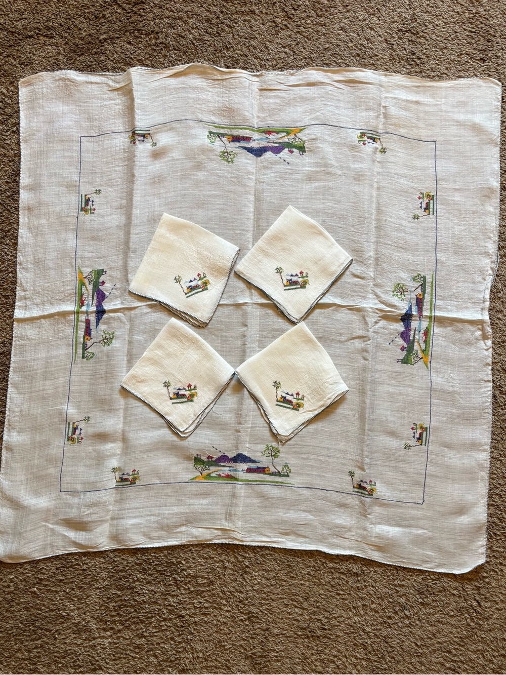 Embroidered White Linen Tablecloth and Napkin Set - Pastel Scenic Motif